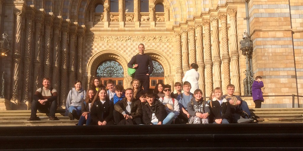 Sixth form students outside the Natural History Museum